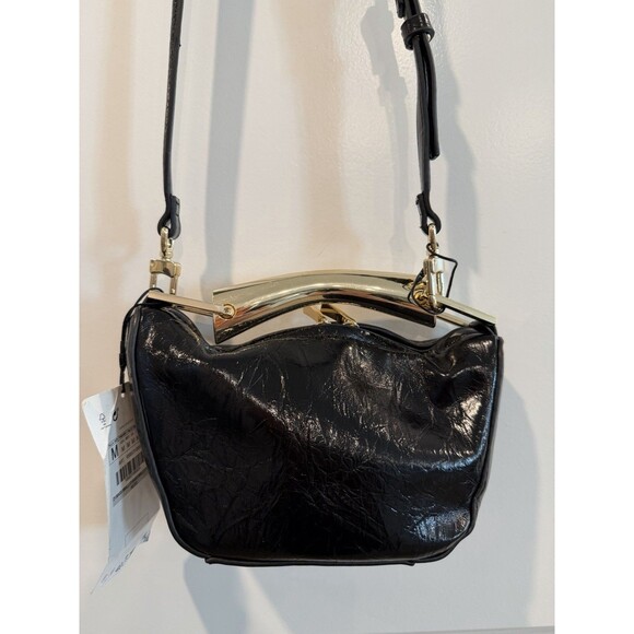 ZARA 2024 Black Mini Bucket Handbag Faux Leather Patent Textured Gold Handle New - Picture 7 of 13